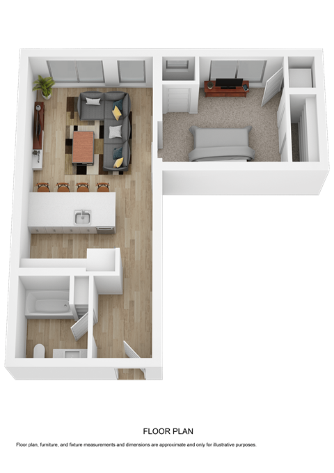 Floor plan for 1 bed, 1 bath, 690 sqft